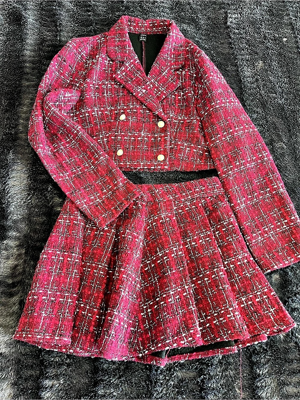 SHEIN Double Breasted Tweed Crop Blazer & Pleated Skirt Set Pink Medium